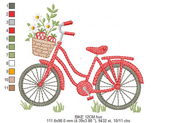 Bike with daisies and strawberries embroidery designs - Bicycle machine embroidery pattern - Baby girl Bike with flowers - Instant download