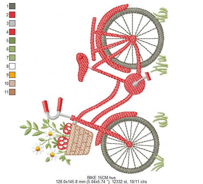 Bike with daisies and strawberries embroidery designs - Bicycle machine embroidery pattern - Baby girl Bike with flowers - Instant download