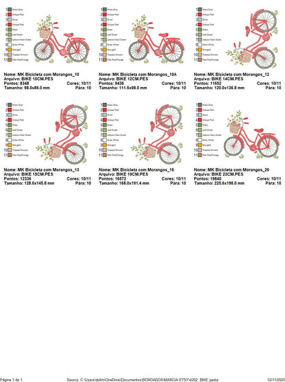 Bike with daisies and strawberries embroidery designs - Bicycle machine embroidery pattern - Baby girl Bike with flowers - Instant download