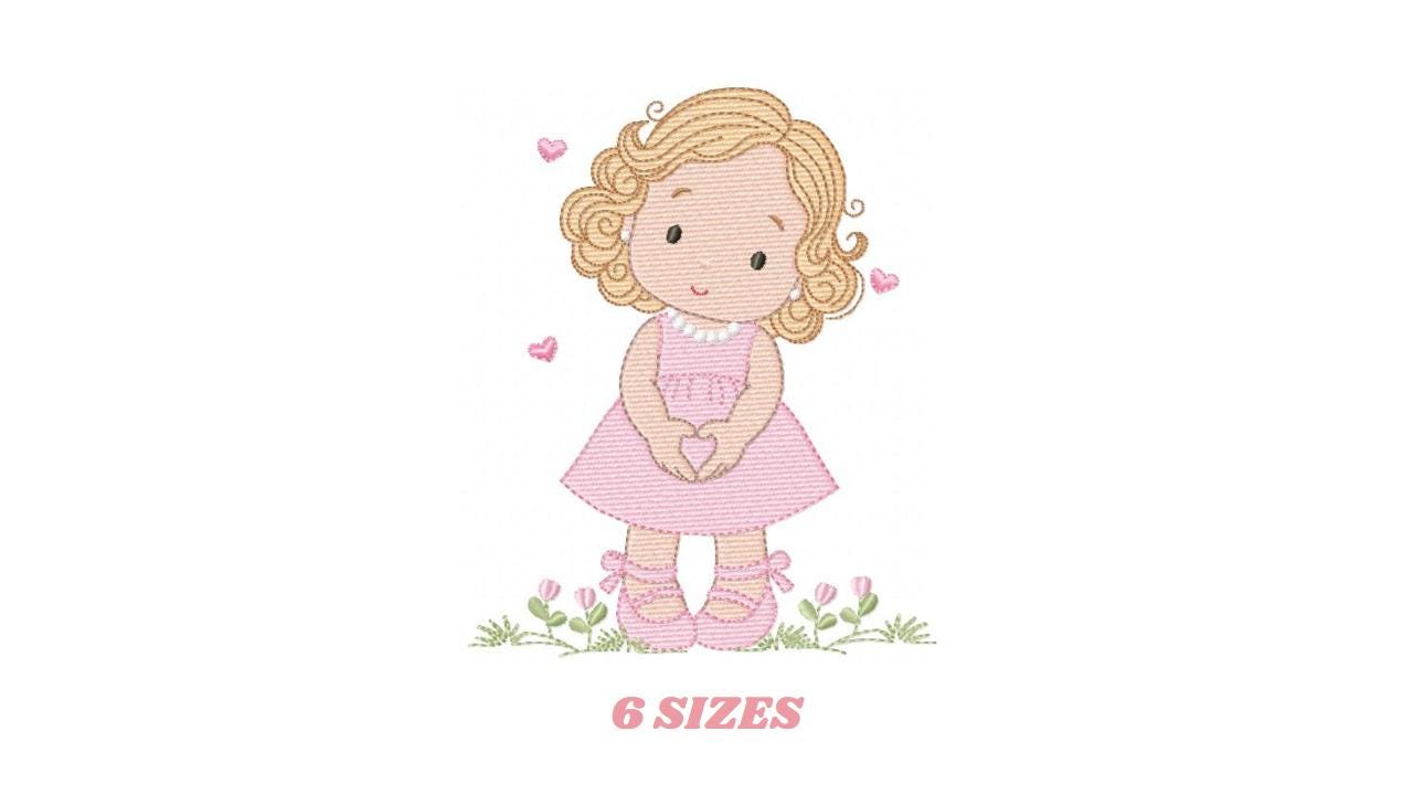Girl with curly hair and flowers embroidery designs - Princess machine embroidery pattern - Girl with lace and hearts - Instant download pes