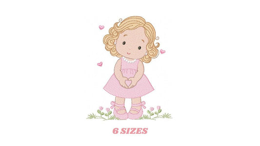 Girl with curly hair and flowers embroidery designs - Princess machine embroidery pattern - Girl with lace and hearts - Instant download pes