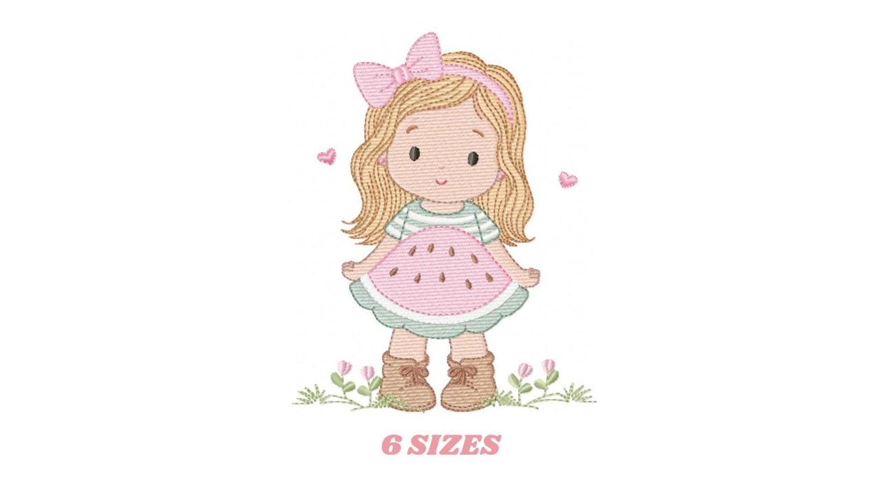 Baby girl embroidery designs - Girl with long hair and lace machine embroidery pattern - Princess with watermelon dress - Instant download