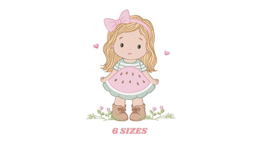 Baby girl embroidery designs - Girl with long hair and lace machine embroidery pattern - Princess with watermelon dress - Instant download