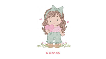 Baby girl embroidery designs - Girl with long hair and heart machine embroidery pattern - Princess with flower - Instant download pes jef