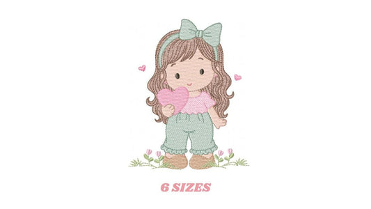Baby girl embroidery designs - Girl with long hair and heart machine embroidery pattern - Princess with flower - Instant download pes jef
