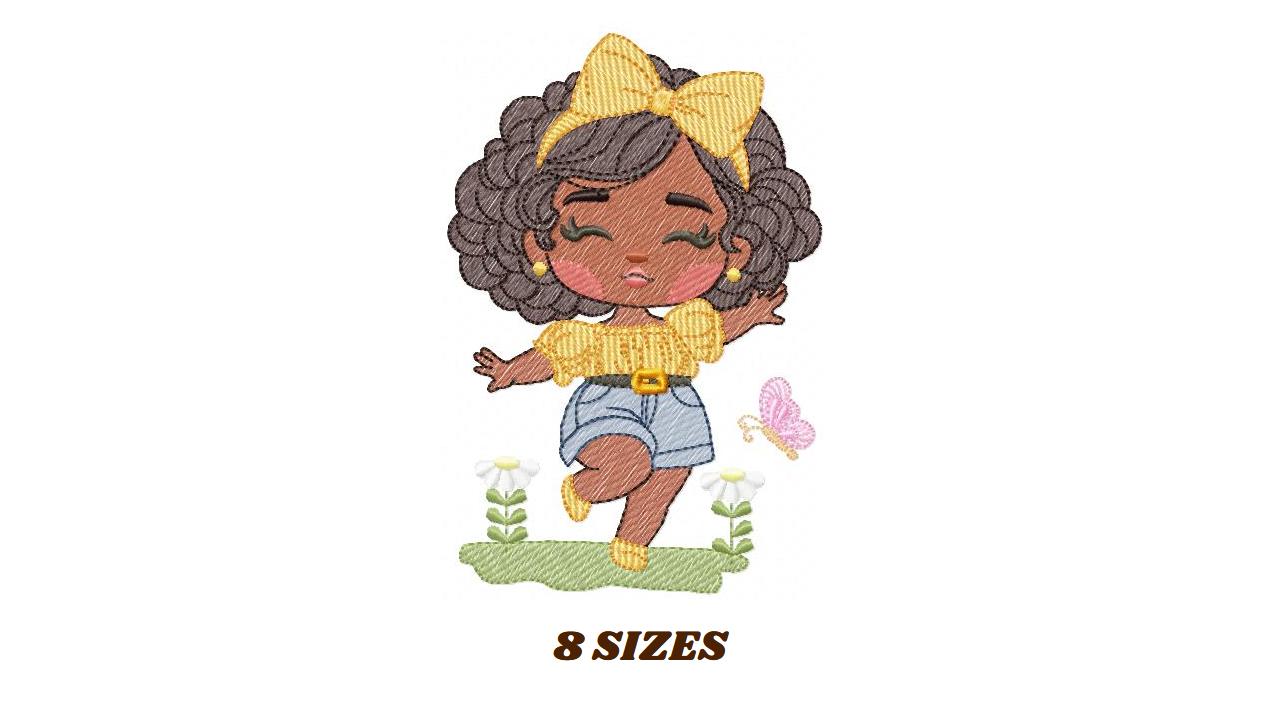Girl embroidery designs - Afroamerican girl embroidery design machine embroidery pattern - Curly hair girl with flowers - instant download
