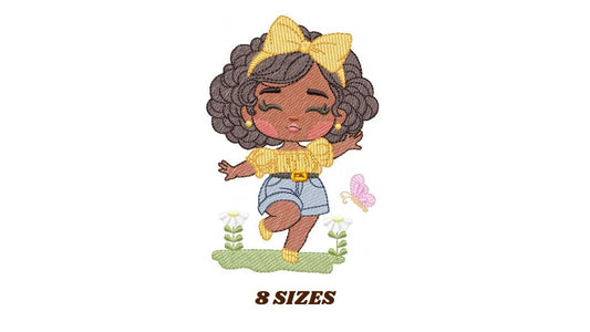 Girl embroidery designs - Afroamerican girl embroidery design machine embroidery pattern - Curly hair girl with flowers - instant download