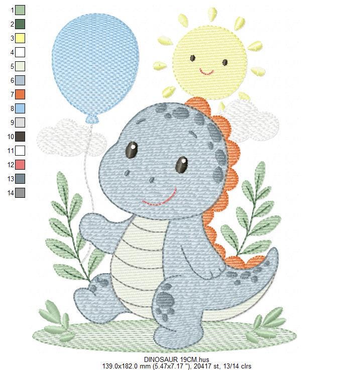Dinosaur embroidery designs - Dino with balloon machine embroidery pattern - Baby Boy Tyrannosaurus file T rex - Instant download pes jef