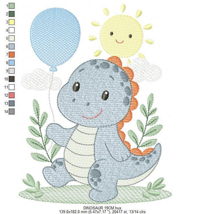 Dinosaur embroidery designs - Dino with balloon machine embroidery pattern - Baby Boy Tyrannosaurus file T rex - Instant download pes jef