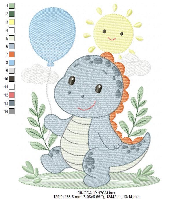 Dinosaur embroidery designs - Dino with balloon machine embroidery pattern - Baby Boy Tyrannosaurus file T rex - Instant download pes jef