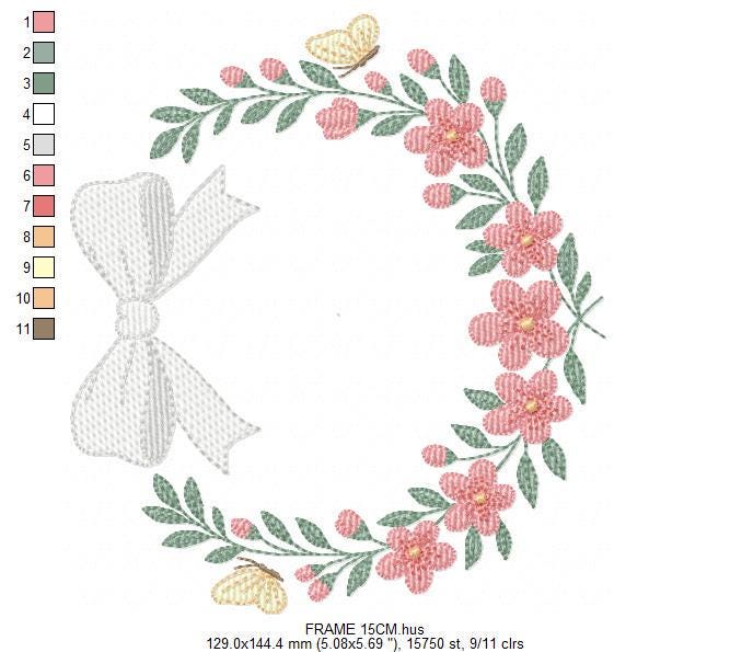 Flower Frame embroidery designs - Floral Wreath with lace and butterflies machine embroidery pattern - Kitchen Tea Towel - Instant download