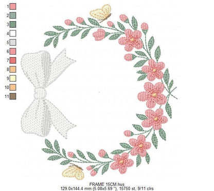 Flower Frame embroidery designs - Floral Wreath with lace and butterflies machine embroidery pattern - Kitchen Tea Towel - Instant download