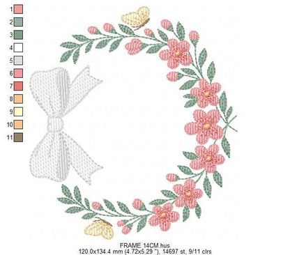 Flower Frame embroidery designs - Floral Wreath with lace and butterflies machine embroidery pattern - Kitchen Tea Towel - Instant download