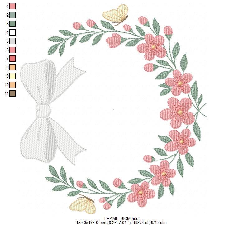 Flower Frame embroidery designs - Floral Wreath with lace and butterflies machine embroidery pattern - Kitchen Tea Towel - Instant download