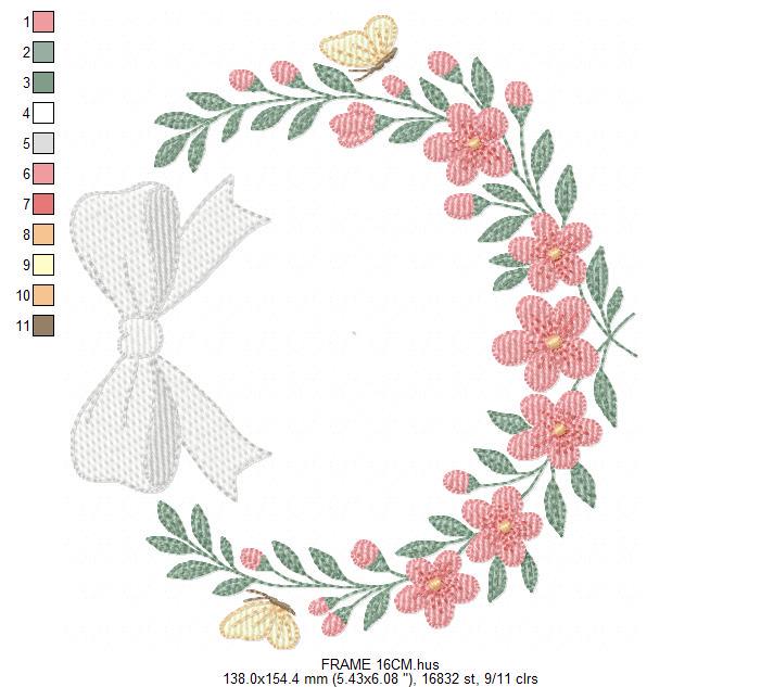Flower Frame embroidery designs - Floral Wreath with lace and butterflies machine embroidery pattern - Kitchen Tea Towel - Instant download
