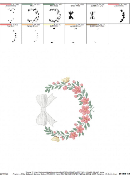 Flower Frame embroidery designs - Floral Wreath with lace and butterflies machine embroidery pattern - Kitchen Tea Towel - Instant download