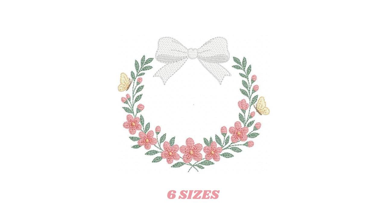 Flower Frame embroidery designs - Floral Wreath with lace and butterflies machine embroidery pattern - Kitchen Tea Towel - Instant download