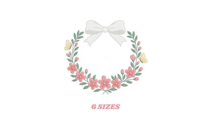 Flower Frame embroidery designs - Floral Wreath with lace and butterflies machine embroidery pattern - Kitchen Tea Towel - Instant download