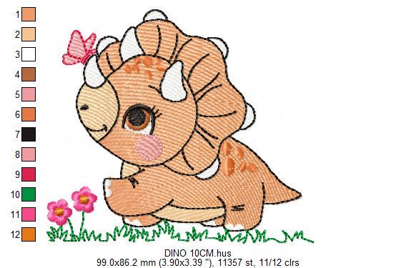 Dinosaur embroidery designs - Dino with butterfly machine embroidery pattern - Baby Boy Triceratops file - Instant download pes jef dst vp3