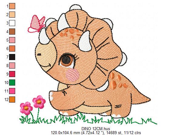 Dinosaur embroidery designs - Dino with butterfly machine embroidery pattern - Baby Boy Triceratops file - Instant download pes jef dst vp3