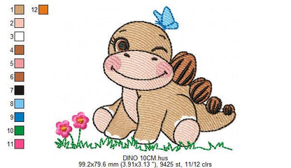Dinosaur embroidery designs - Baby Boy Dino machine embroidery pattern - Brontosaurus with Butterfly - instant digital download pes jef dst