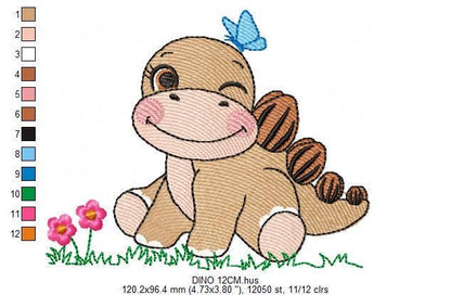 Dinosaur embroidery designs - Baby Boy Dino machine embroidery pattern - Brontosaurus with Butterfly - instant digital download pes jef dst