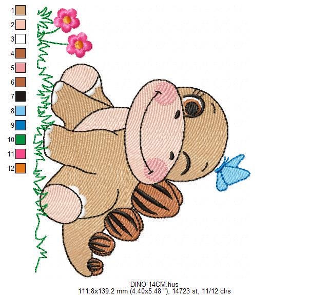 Dinosaur embroidery designs - Baby Boy Dino machine embroidery pattern - Brontosaurus with Butterfly - instant digital download pes jef dst