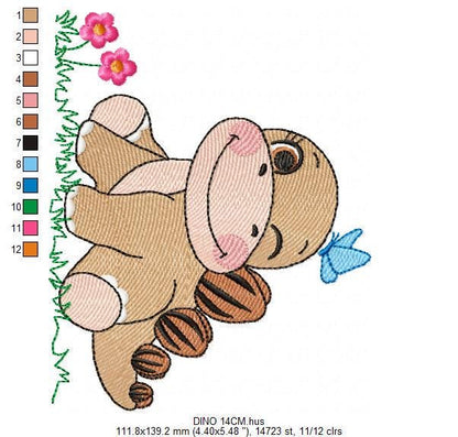 Dinosaur embroidery designs - Baby Boy Dino machine embroidery pattern - Brontosaurus with Butterfly - instant digital download pes jef dst