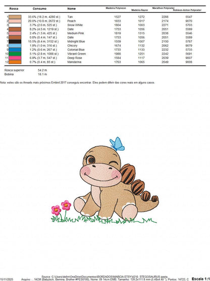 Dinosaur embroidery designs - Baby Boy Dino machine embroidery pattern - Brontosaurus with Butterfly - instant digital download pes jef dst