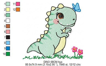 Dinosaur embroidery designs - Dino with flower machine embroidery pattern - Baby Girl Tyrannosaurus file T rex - Instant download pes jef
