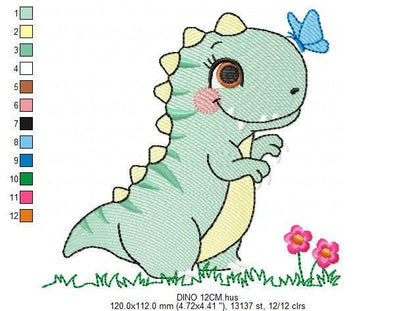 Dinosaur embroidery designs - Dino with flower machine embroidery pattern - Baby Girl Tyrannosaurus file T rex - Instant download pes jef