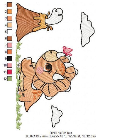 Dinosaur embroidery designs - Dino with split for name machine embroidery pattern - Baby Boy Triceratops with volcano - Instant download pes