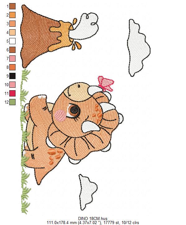 Dinosaur embroidery designs - Dino with split for name machine embroidery pattern - Baby Boy Triceratops with volcano - Instant download pes