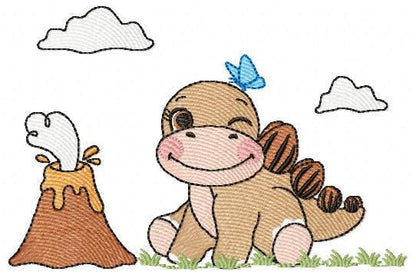 Dinosaur embroidery designs - Baby Boy Dino machine embroidery pattern - Brontosaurus with volcano - Instant digital download pes jef dst