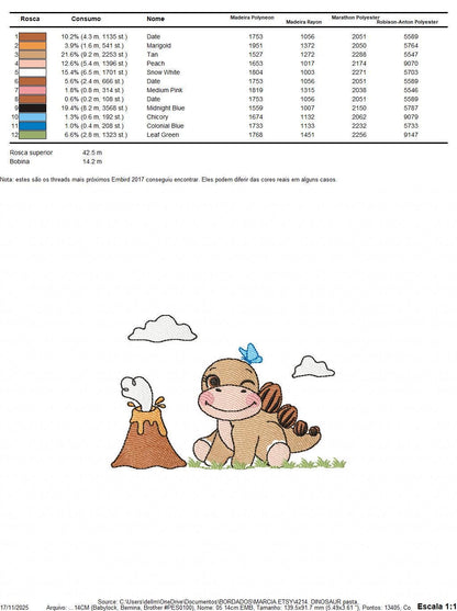 Dinosaur embroidery designs - Baby Boy Dino machine embroidery pattern - Brontosaurus with volcano - Instant digital download pes jef dst