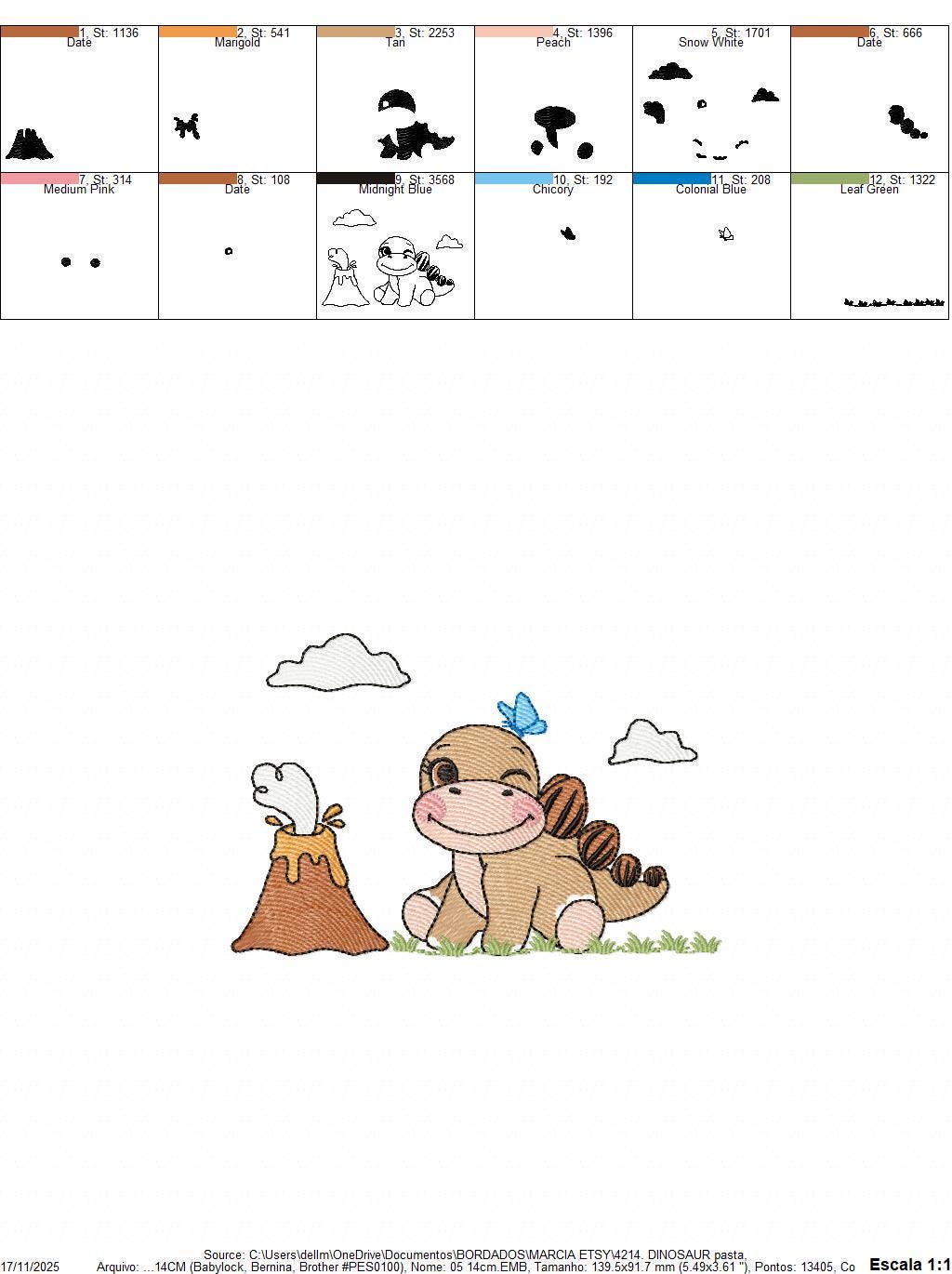 Dinosaur embroidery designs - Baby Boy Dino machine embroidery pattern - Brontosaurus with volcano - Instant digital download pes jef dst