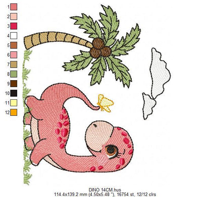 Dinosaur embroidery designs - Dino with coconut tree machine embroidery pattern - Baby boy and girl Brontosaurus - instant digital download