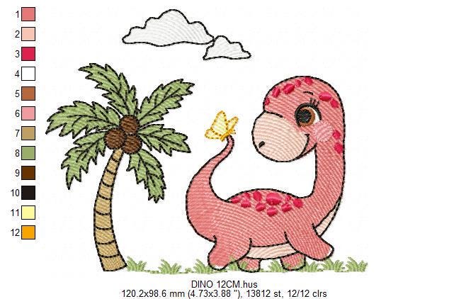 Dinosaur embroidery designs - Dino with coconut tree machine embroidery pattern - Baby boy and girl Brontosaurus - instant digital download