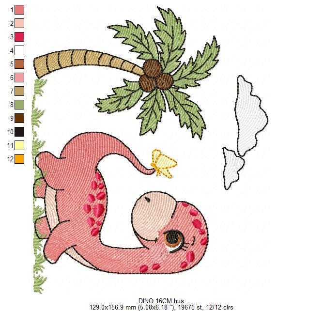 Dinosaur embroidery designs - Dino with coconut tree machine embroidery pattern - Baby boy and girl Brontosaurus - instant digital download