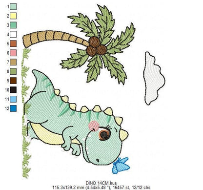 Dinosaur embroidery designs - Dino with coconut tree machine embroidery pattern - Baby Boy and Girl Tyrannosaurus T rex - Instant download