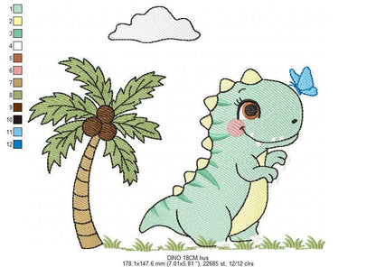 Dinosaur embroidery designs - Dino with coconut tree machine embroidery pattern - Baby Boy and Girl Tyrannosaurus T rex - Instant download