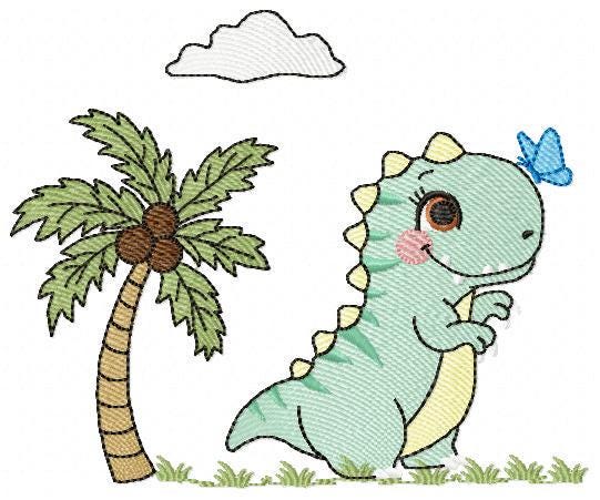Dinosaur embroidery designs - Dino with coconut tree machine embroidery pattern - Baby Boy and Girl Tyrannosaurus T rex - Instant download