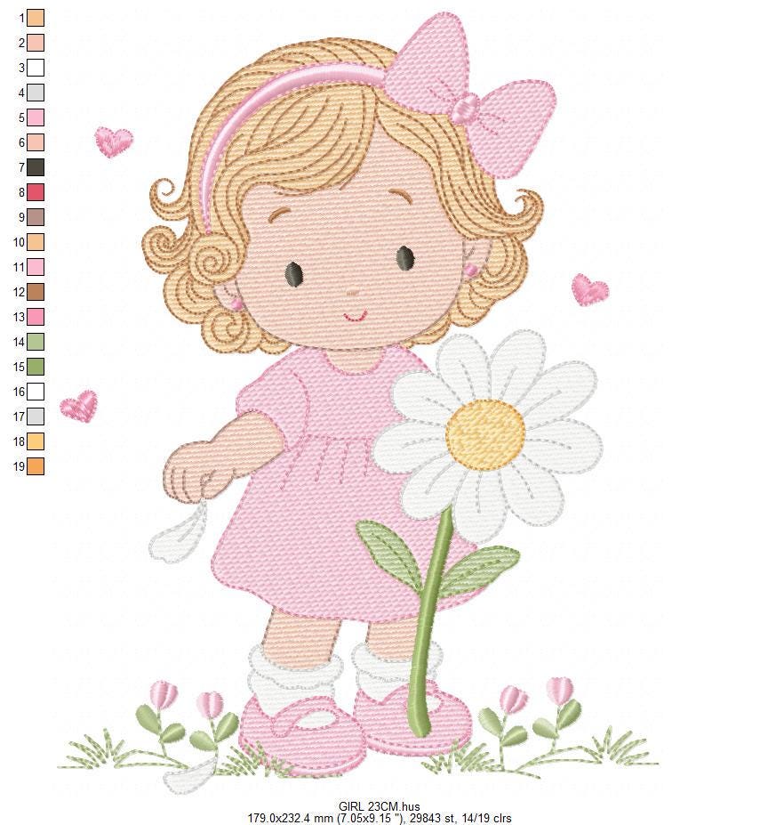 Girl with daisie embroidery designs - Princess with short hair and flowers machine embroidery pattern - Instant digital download pes jef dst
