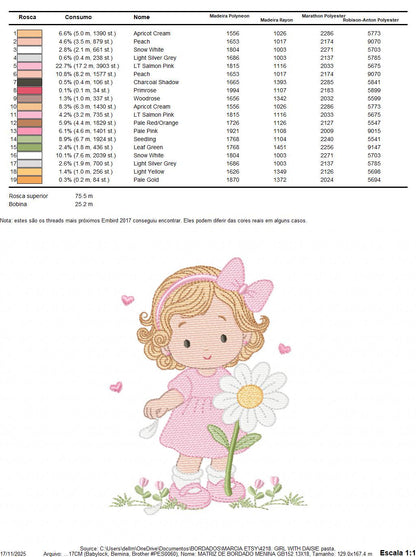 Girl with daisie embroidery designs - Princess with short hair and flowers machine embroidery pattern - Instant digital download pes jef dst