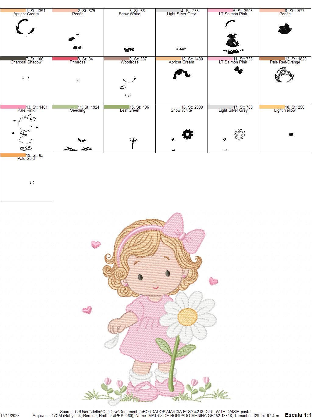 Girl with daisie embroidery designs - Princess with short hair and flowers machine embroidery pattern - Instant digital download pes jef dst