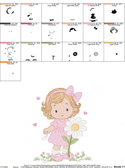 Girl with daisie embroidery designs - Princess with short hair and flowers machine embroidery pattern - Instant digital download pes jef dst