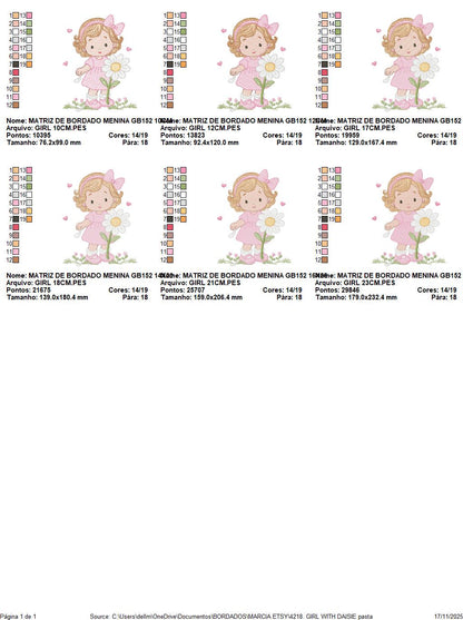 Girl with daisie embroidery designs - Princess with short hair and flowers machine embroidery pattern - Instant digital download pes jef dst