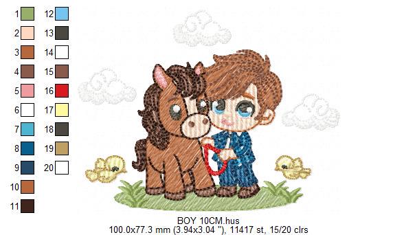 Cowboy embroidery design - Baby boy with horse and birds machine embroidery pattern - Farm ranch embroidery file - Instant digital download