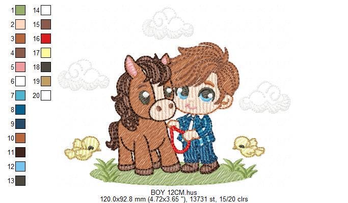 Cowboy embroidery design - Baby boy with horse and birds machine embroidery pattern - Farm ranch embroidery file - Instant digital download