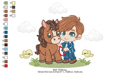 Cowboy embroidery design - Baby boy with horse and birds machine embroidery pattern - Farm ranch embroidery file - Instant digital download